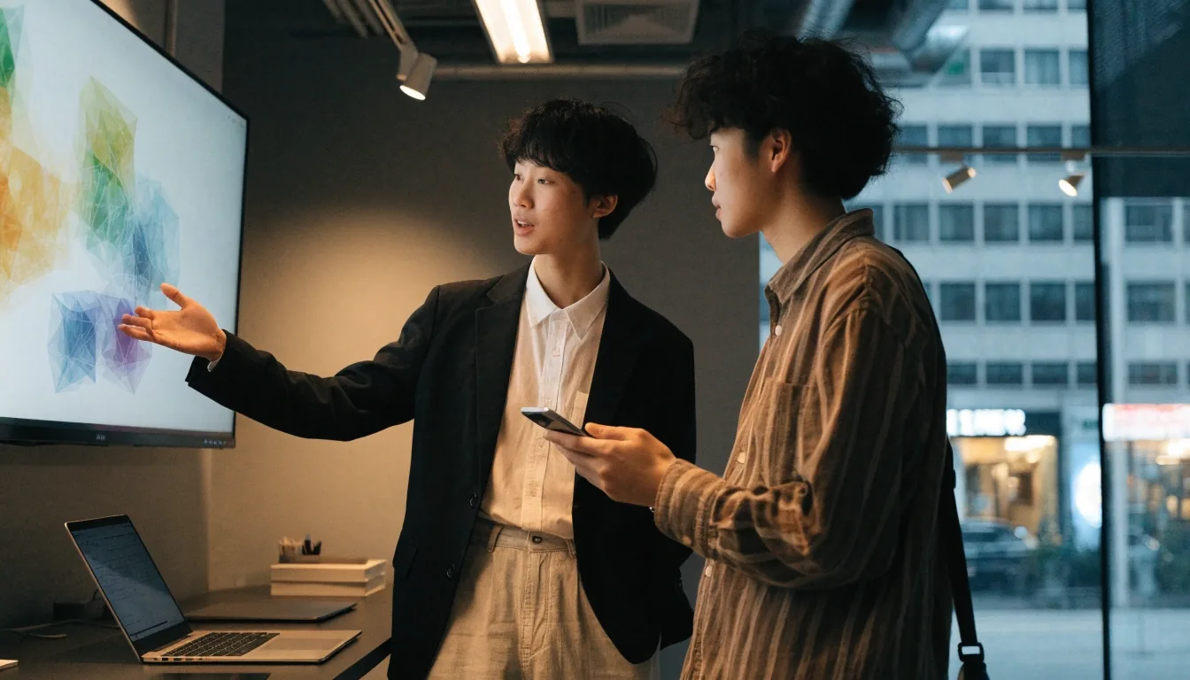 設計師在昏暗工作室裡檢視大螢幕上模糊的介面版面